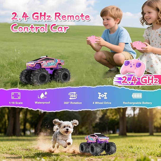 Remote Control Car for Girls,1:18 Pink Monster Truck Toys Amphibious RC Cars, 2.4 GHz Waterproof RC Trucks, 4WD All Terrain Off-Road Pickup, Girls Toys for 6-12 Year Old Kids Christmas Birthday Gifts