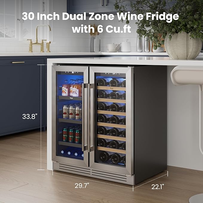 Yeego Wine and Beverage Refrigerator, 30" Dual Zone Upgraded Wine Beverage Cooler Built-In or Freestanding Wine Fridge with Glass French Door,Large Capacity Beer Fridge Holds 80 Can & 33 Bottle