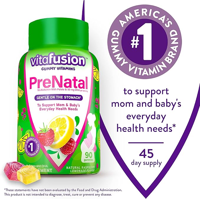 Vitafusion PreNatal Gummy Vitamins Raspberry Lemonade Flavored with Preggie Pop Drops Plus Nausea Relief Vitamin B6 Drops Bundle