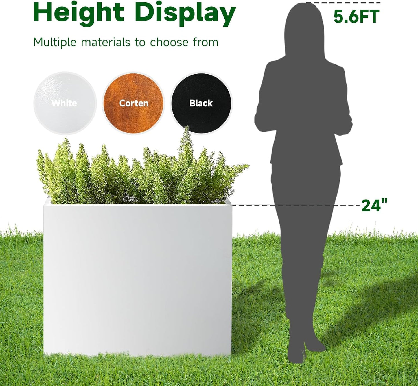 Galvanized Steel Metallic Heavy Planter for Outdoor Plants Metal Outdoor Planter Spliced Flower Box with Partitions for Outside,Indoor,Garden (White, 32 * 15 * 24)