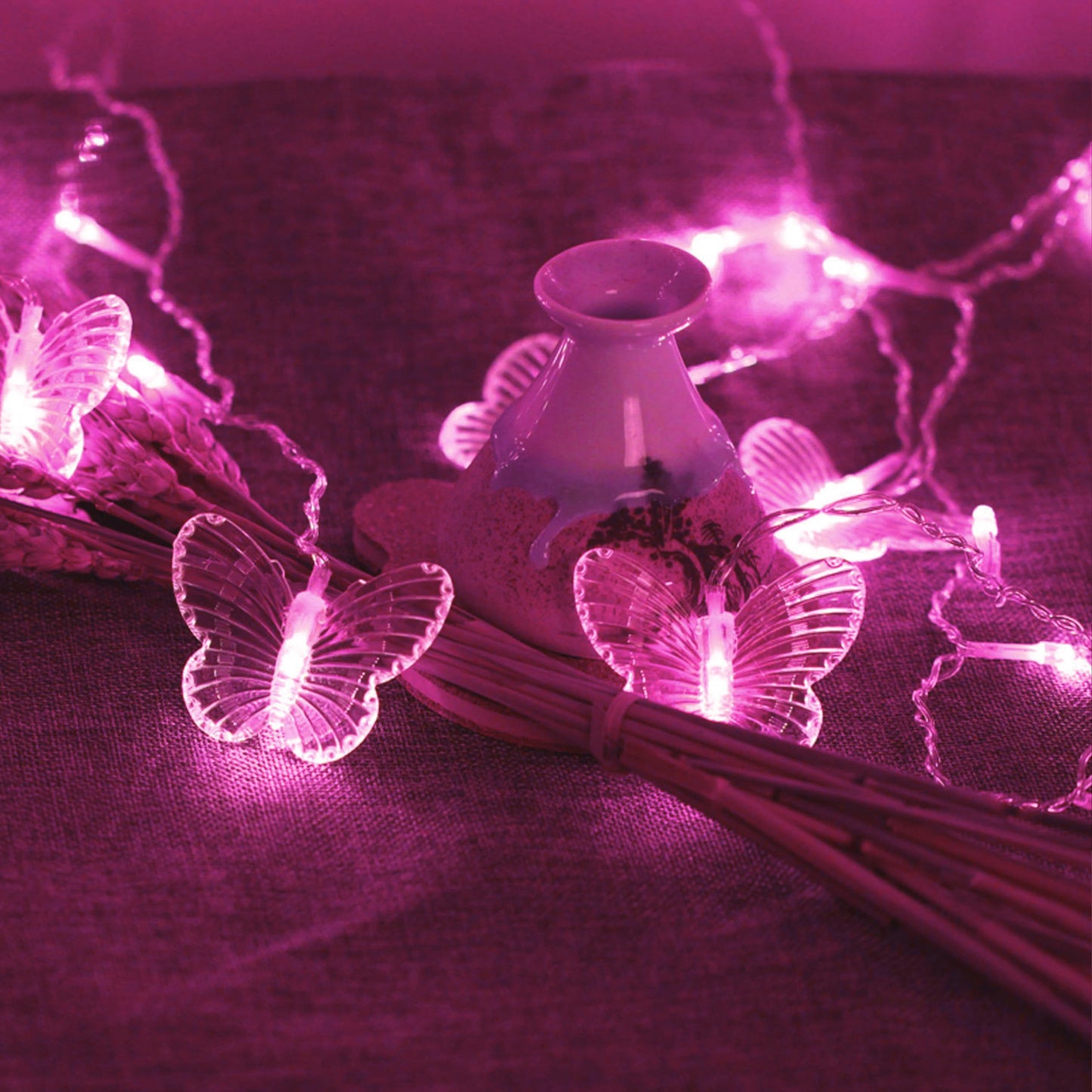 Decorman Butterfly Curtain Lights, 13ft 96 LED, USB Fairy Lights, 8 Modes, Pink, Model CLD-B-R-001