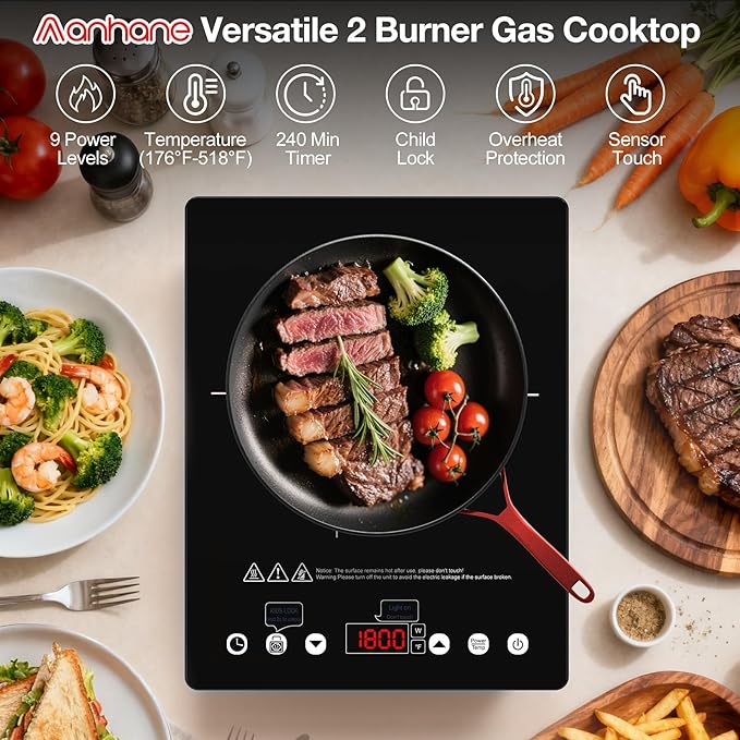 Electric Cooktop 110v,Single Burner Electric Stove Infrared Cooktop Hot Plate 1800W,4-Hour Setting,Black Crystal Glass Surface Compatible for All Cookware