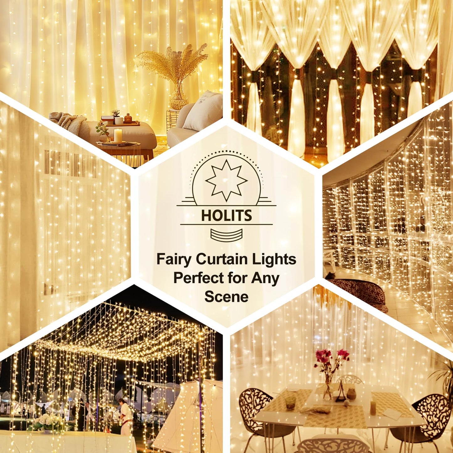 Holits 2 Pack Fairy Curtain Lights Upgraded Tangle-Free Warm White Usb Plug In 8 Modes String Hanging Lights With Remote For Christmas  Bedroom  Indoor  Outdoor  Weddings  Party (10 Ftx10 Ft)