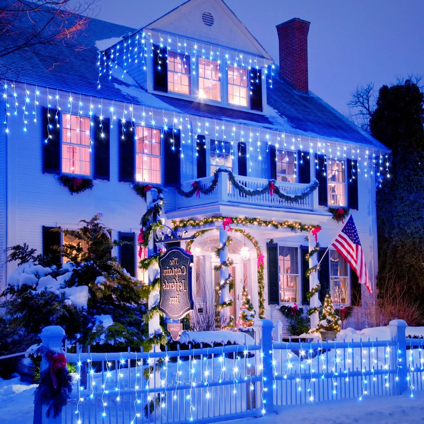 Einiiya Icicle Christmas Lights, 640 LED, 66ft, Waterproof, 8 Modes, Blue & White, Model BG-CL3M3-306L01
