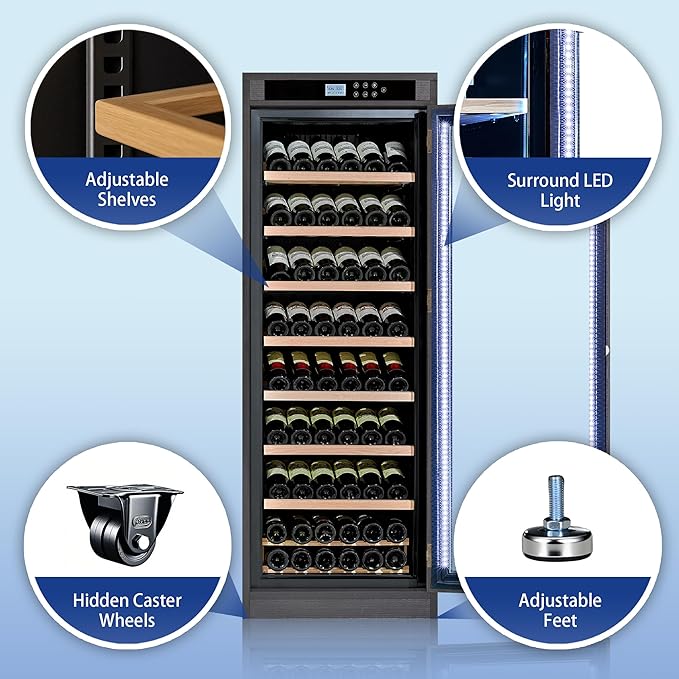 102 Bottles Grape Wine Refrigerator, Freestanding/Built-in Wine Fridge, LED Touch Screen, Intelligent Temperature-Controlled, 10.6 cu.ft. Multi-Tiered Cabinet 9 Removable Shelves, Black