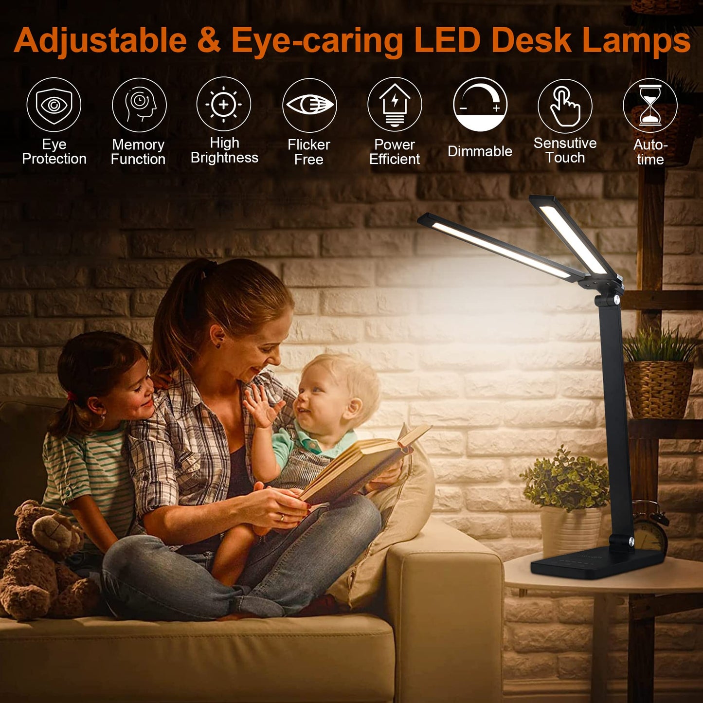 NUNET LED Desk Lamp, Rotatable Aluminum, USB Charging Port, Glossy Black, Model NULED-MSL2black