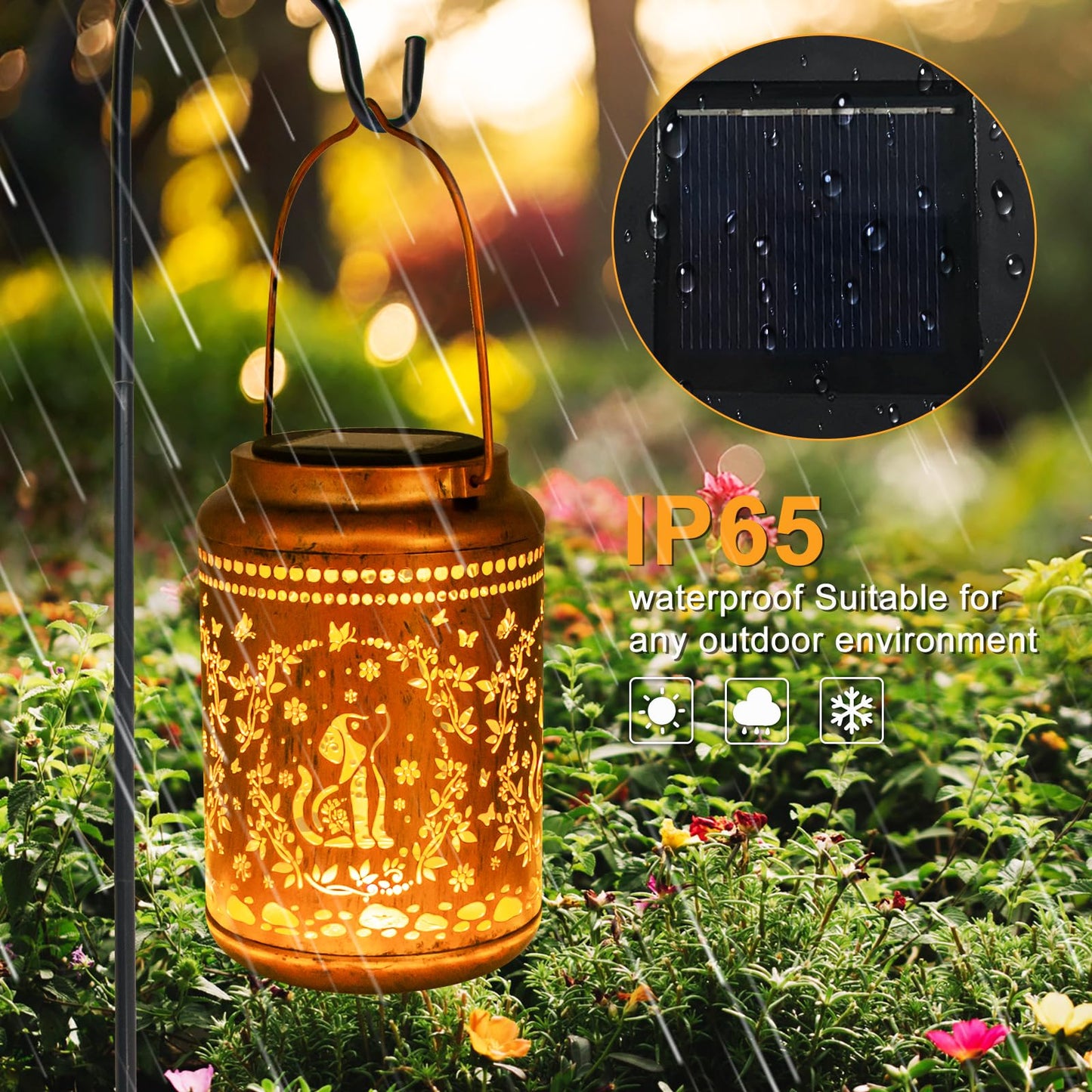 YISITEONE Solar Lanterns 4 Pack, Waterproof Metal Hanging Lights for Outdoor Garden, Brown, Model ES04250400009