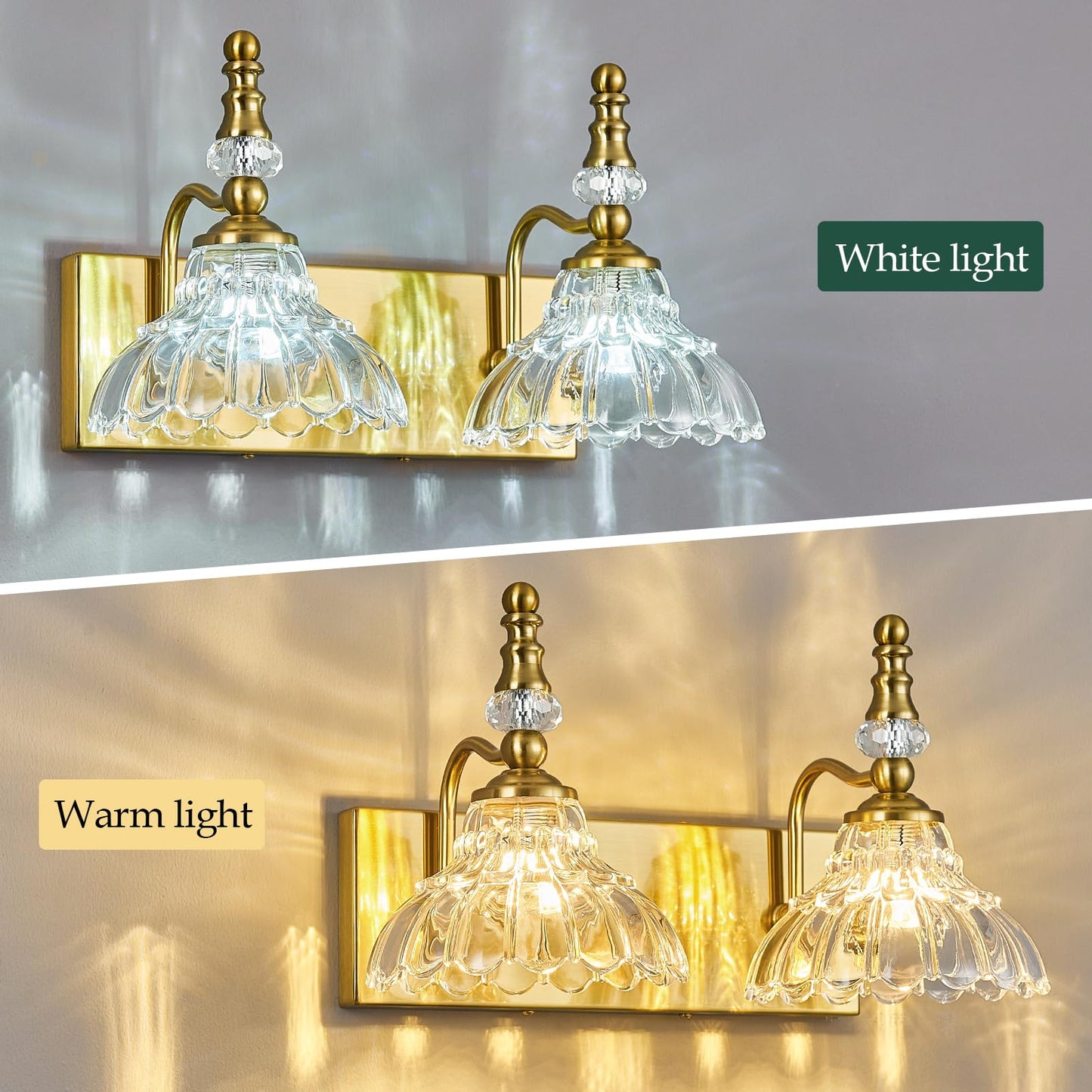 Lbsqj Vintage Bathroom Vanity Light  2-Light Gold Vanity Lighting Fixture With Flower Glass Shade  Bathroom Lighting Fixtures Over Mirror
