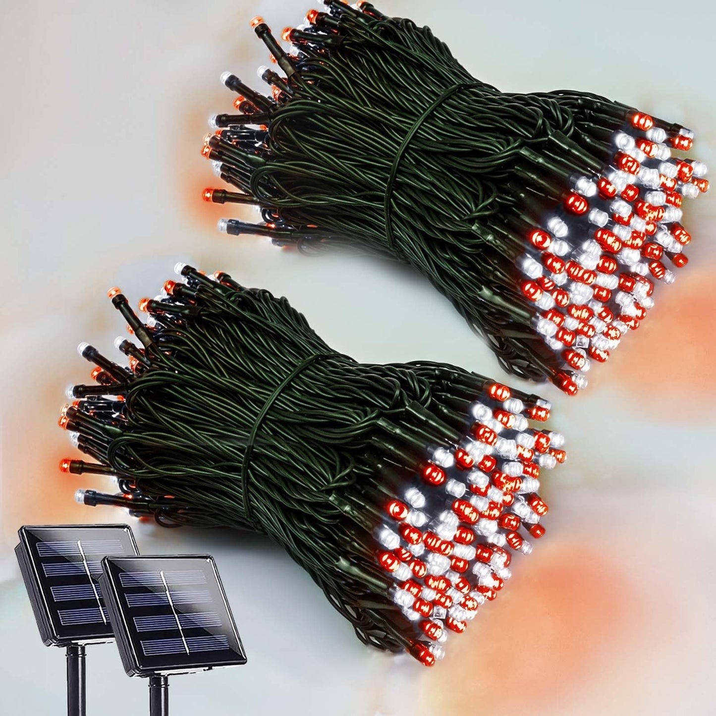 EEW 200 LED Solar String Lights Outdoor Waterproof, 2 Pack, Red and White, 8 Lighting Modes, Model CAIYUAN-100