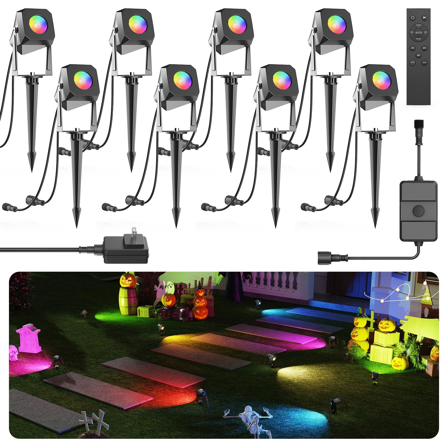 DeckTok RGB Landscape Lighting, 8 Pack Waterproof LED Spotlights with Remote Control, Multicolor, Model DP8-RGB