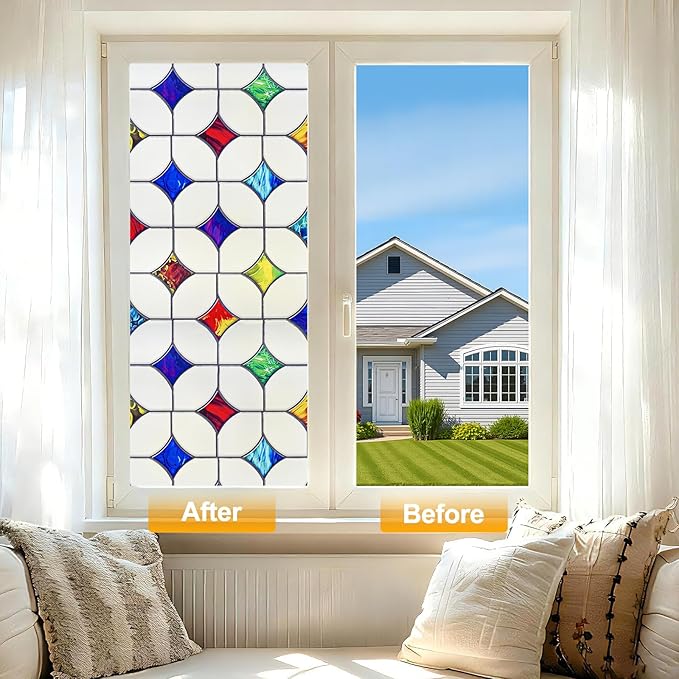 Stained Glass Window Film - Non-Adhesive Colorful Privacy Film | Privacy Protection, Reusable & Renter Friendly | Perfect for Bedroom/Bathroom Room Decor (Frosted Mosaic, 35.4 X 157.4 in)