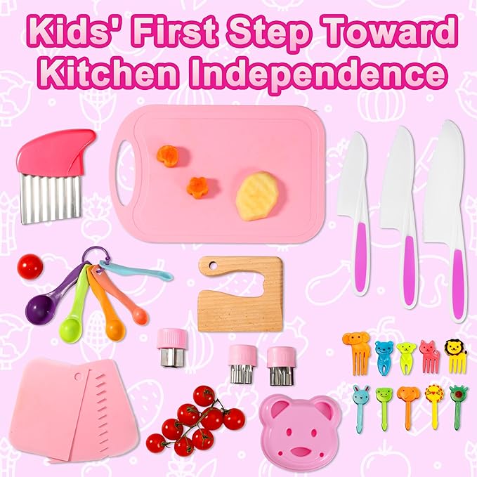 29 Pieces Kitchen Tools-Kids Cooking Sets Real-Toddler Knife Set for Real Cooking, Montessori Toys for 3+,Toddler Utensils with Safe Knives Crinkle Cutter Cutting Board