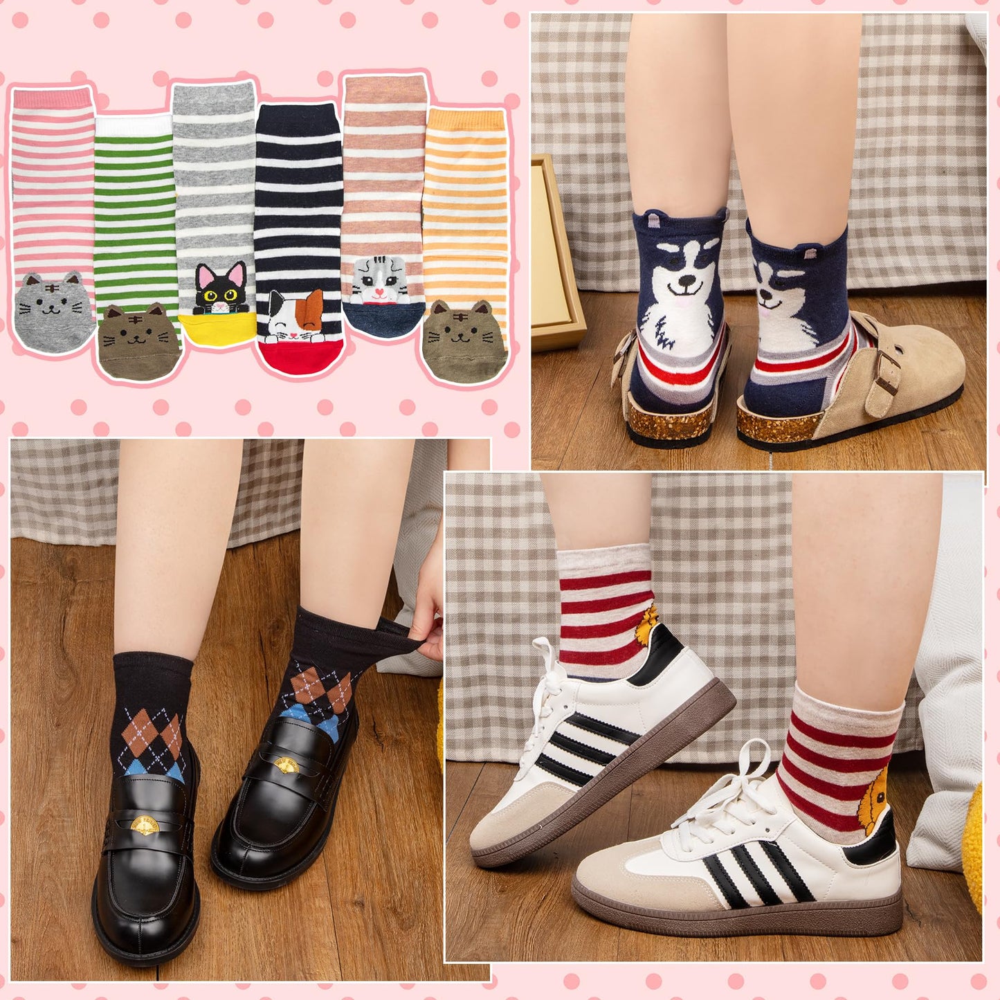 6 Pairs Women's Cute Cat Socks Gifts, Funny Novelty Animal Print Crew Cotton Socks Christmas Gifts for Women Girls