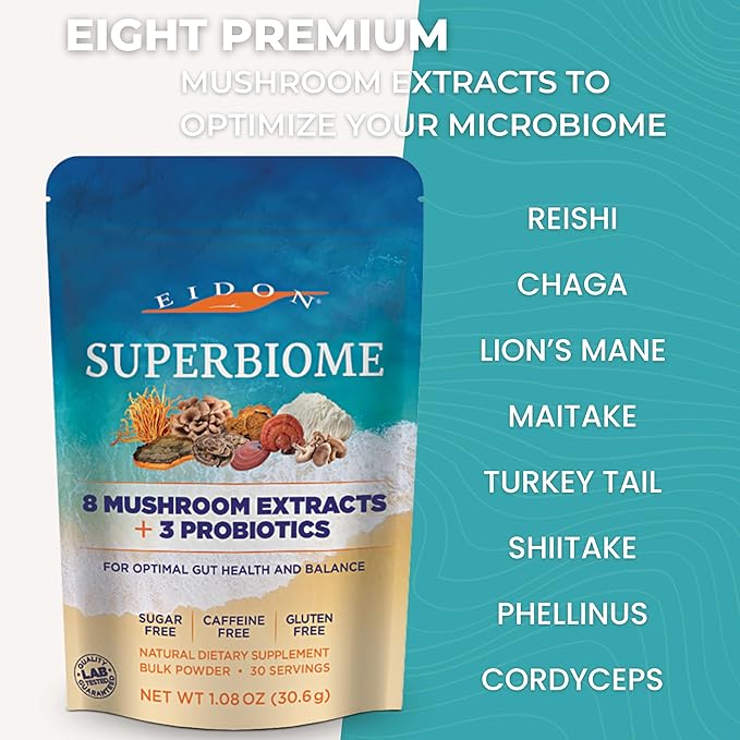 Eidon Ionic Minerals SuperBiome, Mushroom Probiotics Powder Blend, Microbiome Health Supplement with Organic Reishi, Chaga, Lion's Mane, Cordyceps, Turkey Tail, Shitake, Maitake, Phelinus, 30 Servings