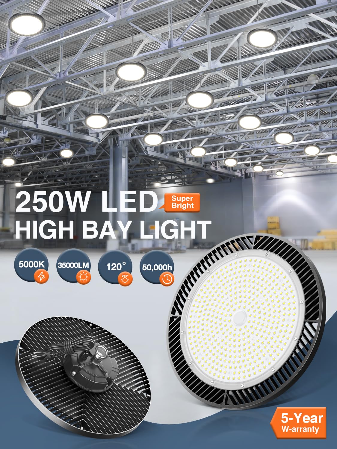 Super Bright 250W Ufo Led High Bay Light 4 Pack 5000K 35000Lm High Bay Led Shop Lights With 5 Cable Plug Hanging Shop Lights Garage Barn Lighting Light With Garage Workshop Factory Barn Warehouse