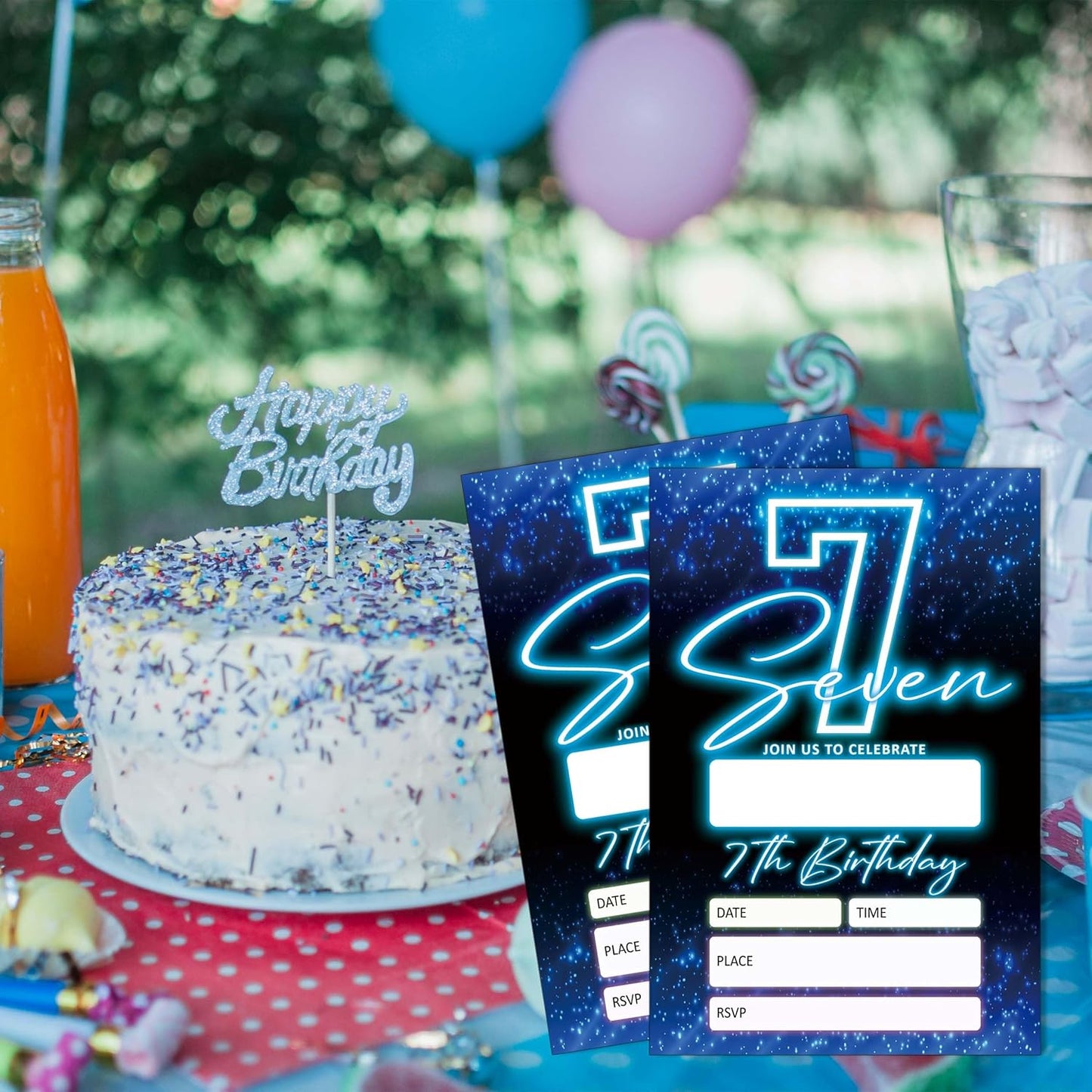 SIXEIGHT Blue 7th Birthday Invitations for Boys, Neon Glow Party Invitations for Girls Kids, 20 Pack Double Sided Invite Cards with Envelopes, 7th Glow Neon Birthday Party Decorations, 4x6 Inch-C07
