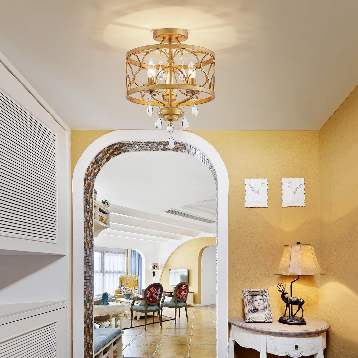 Crystal Ceiling Light Fixture  Modern Small Chandelier Light Fixture  Farmhouse Gold Semi Flush Mount Ceiling Light  Round Hallway Lighting Fixtures For Bedroom Entryway Closet Dining Room Living Room