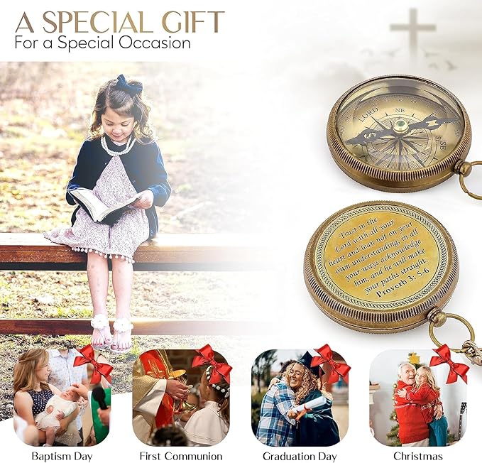 God is My Guide Brass Compass Gift with Display Box - Engraved Scripture Prayer Compass Religious Gift for Men & Women - Baptism, Confirmation, Communion Compass for Boys Graduation Gift