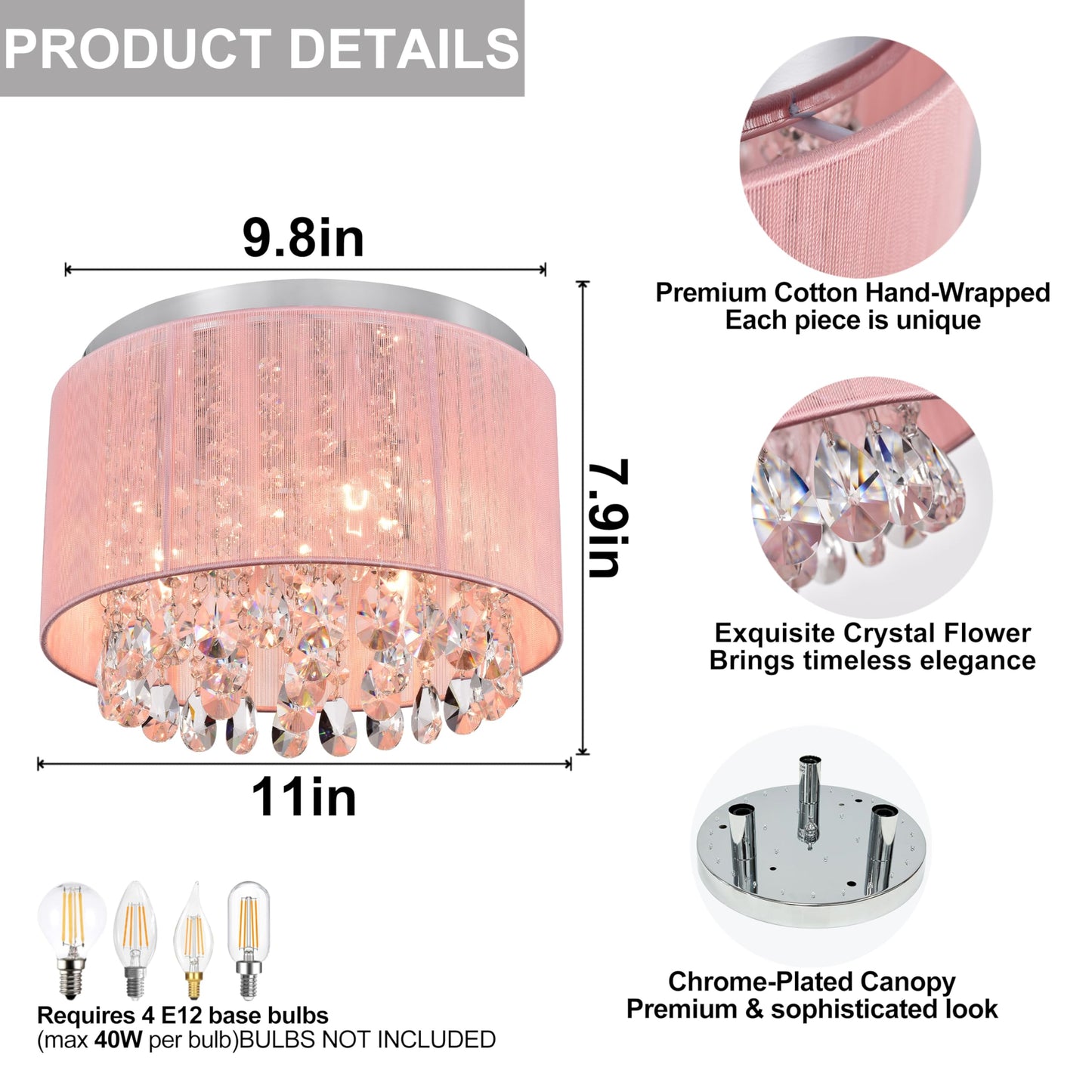Lalula Pink Chandelier Drum Flush Mount Light Fixture - 3-Light 11 Round Crystal Ceiling Light For Girls Bedroom