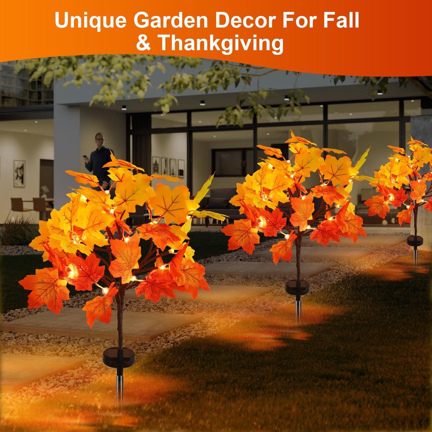2Pack Fall Solar Lights Outdoor Decorative  Waterproof 40Led Orange Fall Lights With 80 Maple Leaves Path Lights  Solar Lights For Fall Autumn Patio Garden Halloween Thanksgiving Decorations