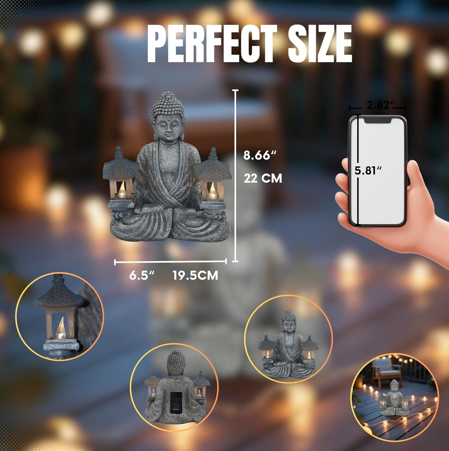 Buddha Outdoor Solar Figurine Decor Light, Meditation Small Elegant Garden Statues, Gifts for Mom, Halloween Décor Waterproof Patio Balcony Yard Lawn Ornament