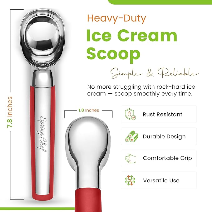 Spring Chef Heavy Duty Metal Ice Cream Scoop - Dishwasher Safe Ice Cream Scooper, Commercial Icecream Scoop Spade, Professional Kitchen Tool for Gelato, Melon, Sundae, Cookie Spoon - Red