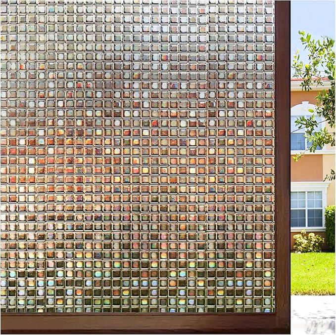rabbitgoo Window Privacy Film Stained Glass Window Film, Mosaic Rainbow Decorative Glass Cling, Removable Static Cling Tint, Non-Adhesive Privacy Covering for Home, Brown, 35.4 x 157.4 inches