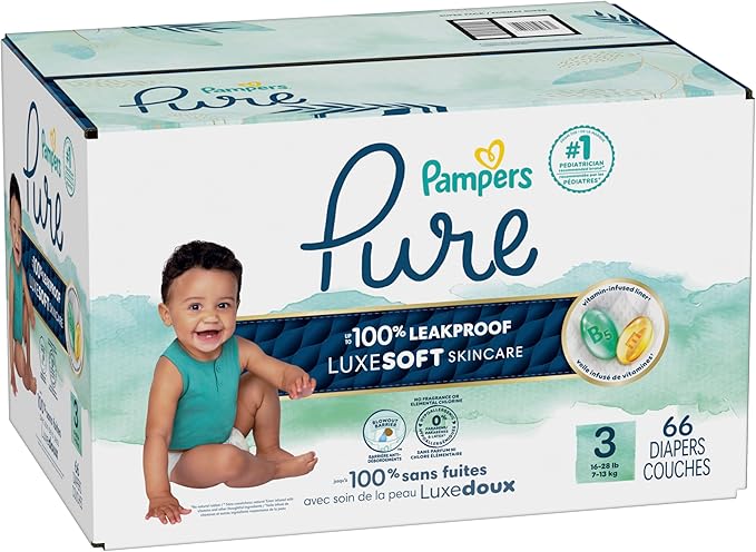 Pampers Pure Protection Baby Diapers, Size 3 (16-28 lbs), 66 Count, Up to 100% Leakproof, Premium Plant-based Skin Protection, Hypoallergenic Soft Diapers