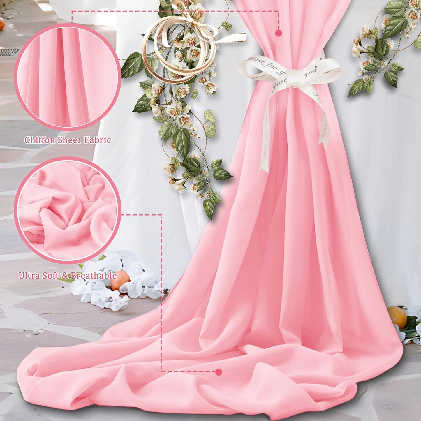 Horbaunal Light Pink Chiffon Fabric by The Yard, 1 Yard Continuous Sheer Fabric 59" Wide Soft Draping Fabric for Wedding Arch Draping Party Backdrop DIY Sewing