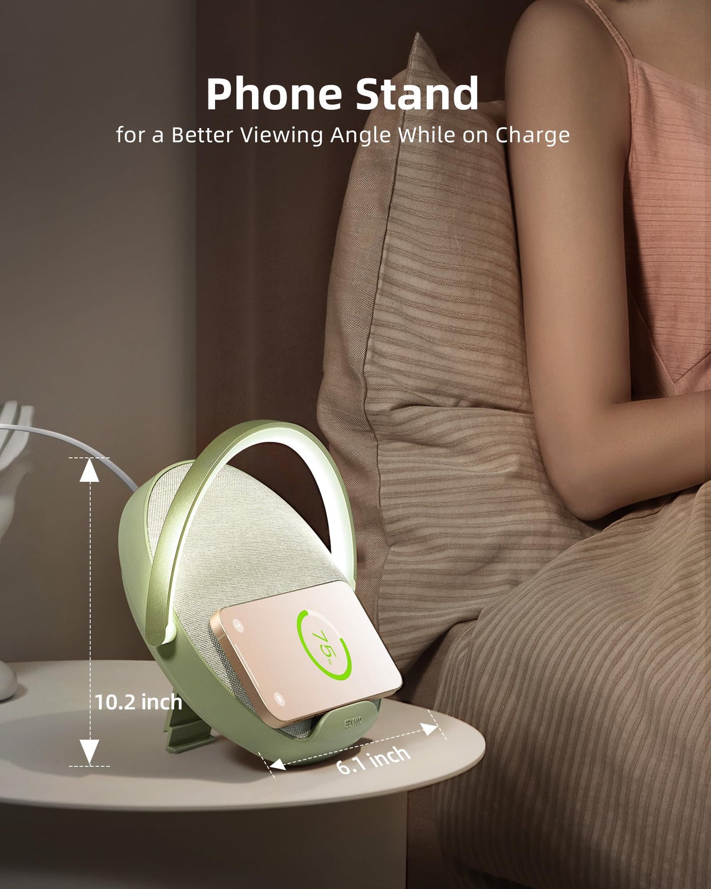 EZVALO Bedside Lamp with Wireless Charger, Dimmable LED Night Light, Bluetooth Speaker, Jasmine Green