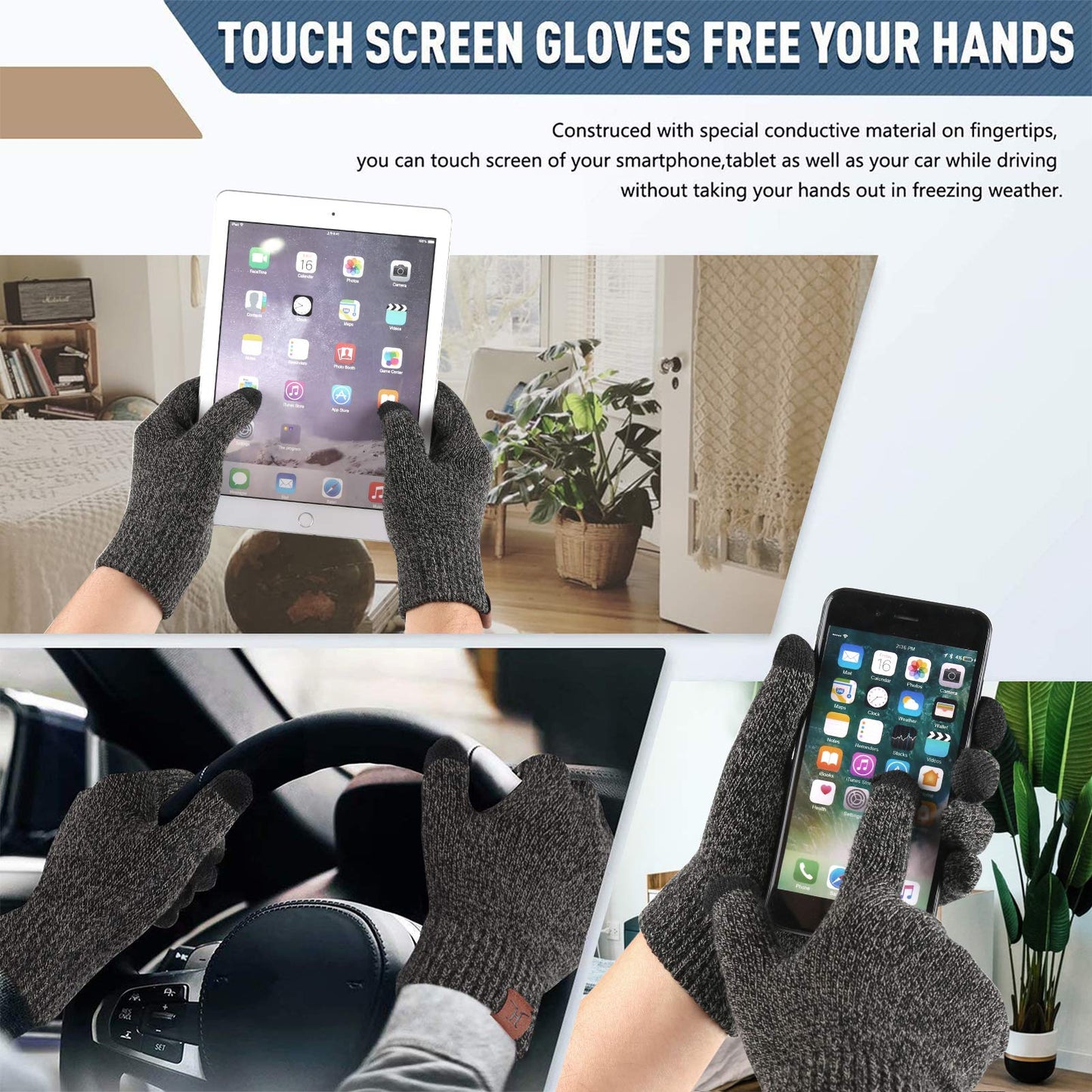 Winter Warm Beanie Hat Touchscreen Gloves Set, Soft Skull Cap Gloves Set for Men and Women with Warm Knit Fleece Lined