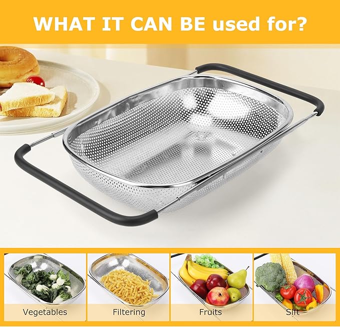 ZDRongZhen Kitchen Accessories Over the Sink Colander Strainer Basket，Stainless Steel Colander with Expandable Rubber Grip Sink Drainer-Rinse Vegetables Fruits &Strain&Drain (Large-Dense round hole)