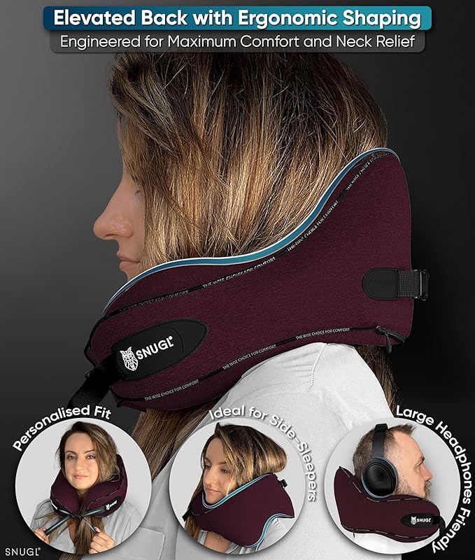 SNUGL Neck Travel Pillow - Memory Foam Airplane Pillow - Flight Pillow | Neck Support Travel Pillow with Carry Bag & Clip | Neck Pillows for Sleeping Travel Plane | Flying Travel Essentials - Dark Red