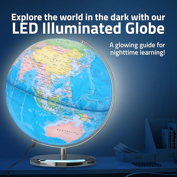LED Illuminated World Globe with Chrome Rotating Stand – 3-in-1 Educational Tool for Kids & Adults, Interactive Learning Globe with Constellation Map, Lighted Display, 14 Inch