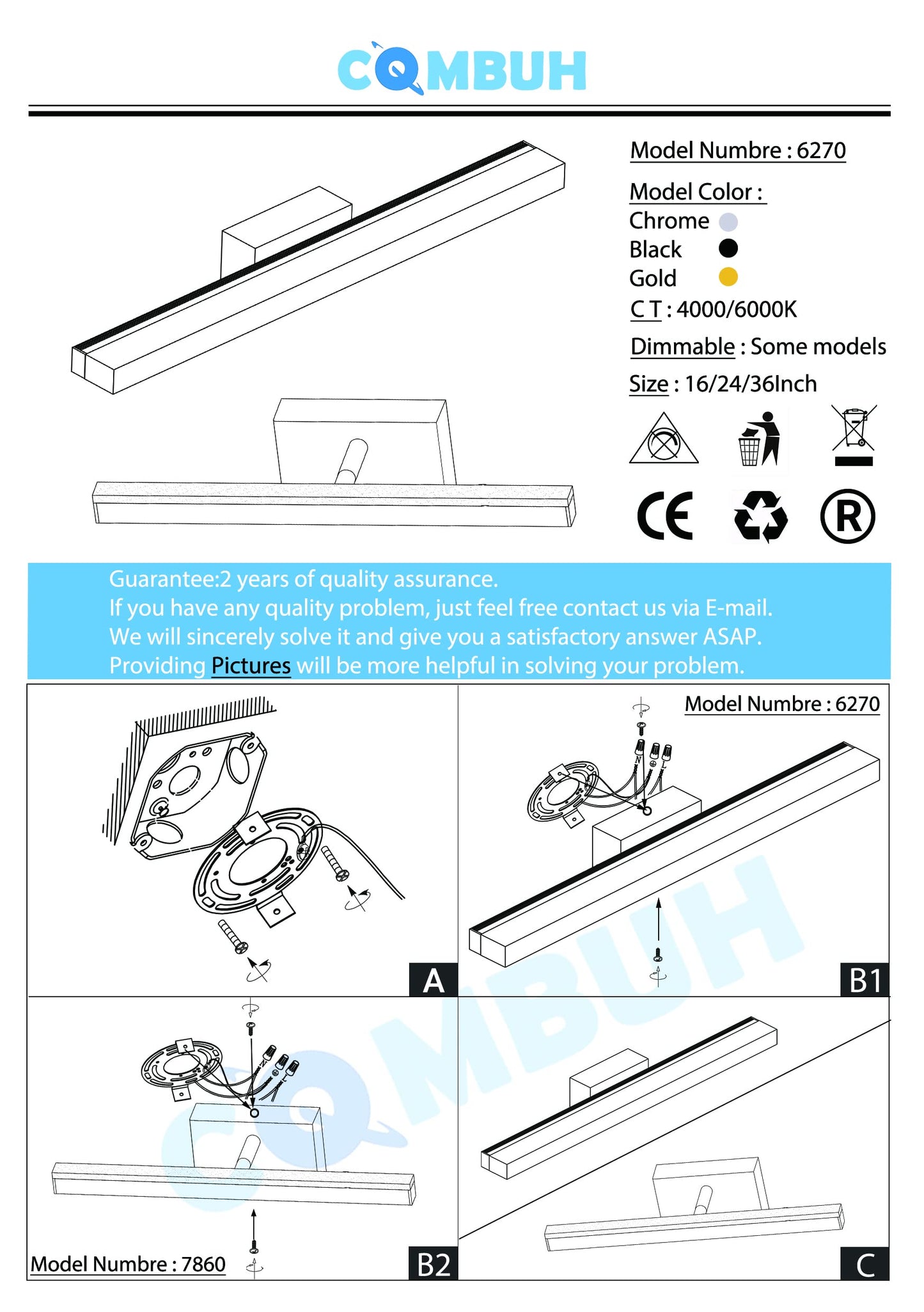 Combuh Bathroom Light Fixture - 16 Inch Chrome Vanity Light Bar, Acrylic, Cool White 6000K, Model 26895374