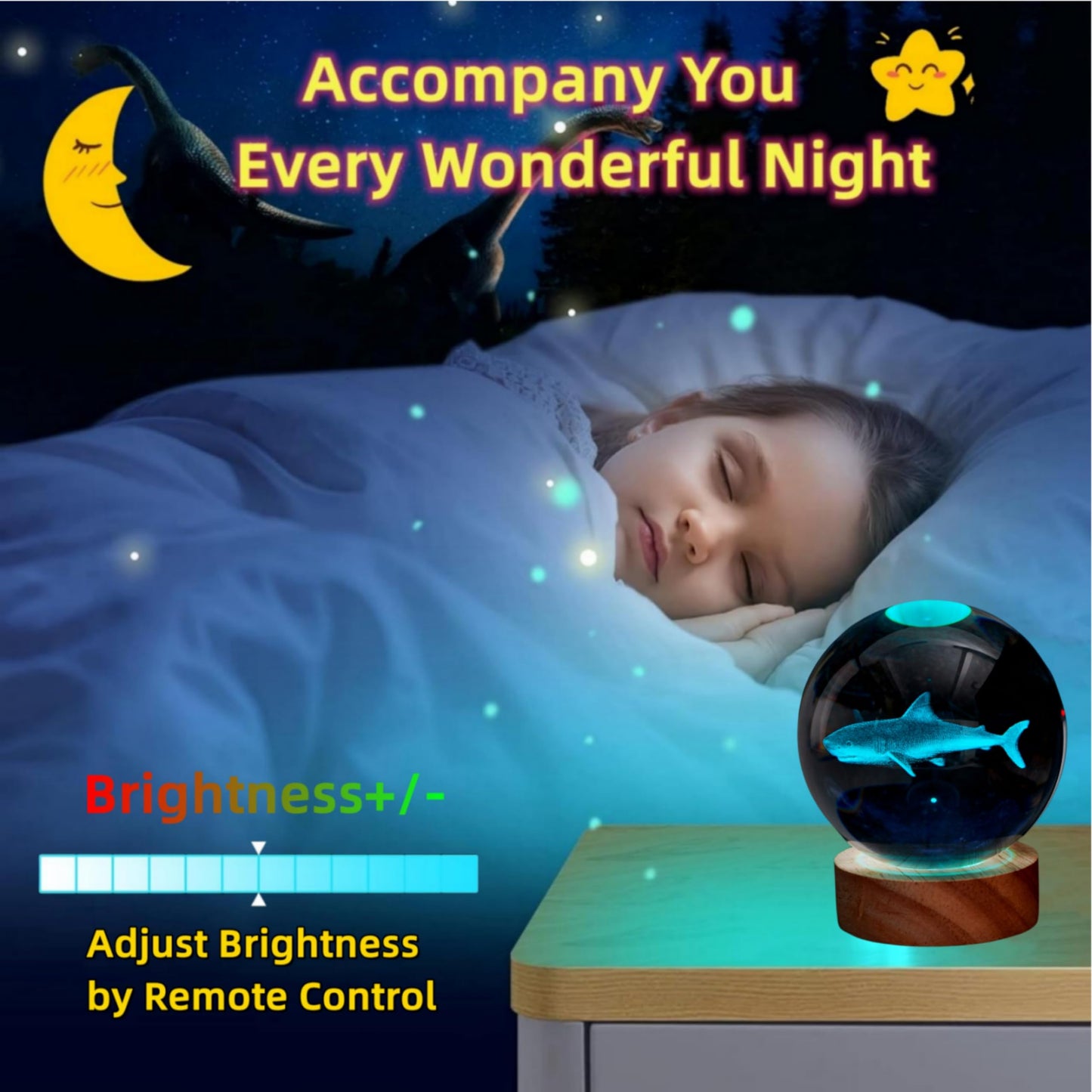 DIGFPWT Shark Crystal Ball Night Light, 3.15 Inch 3D LED Lamp, 16 Colors with Remote, Gift Box Packaging