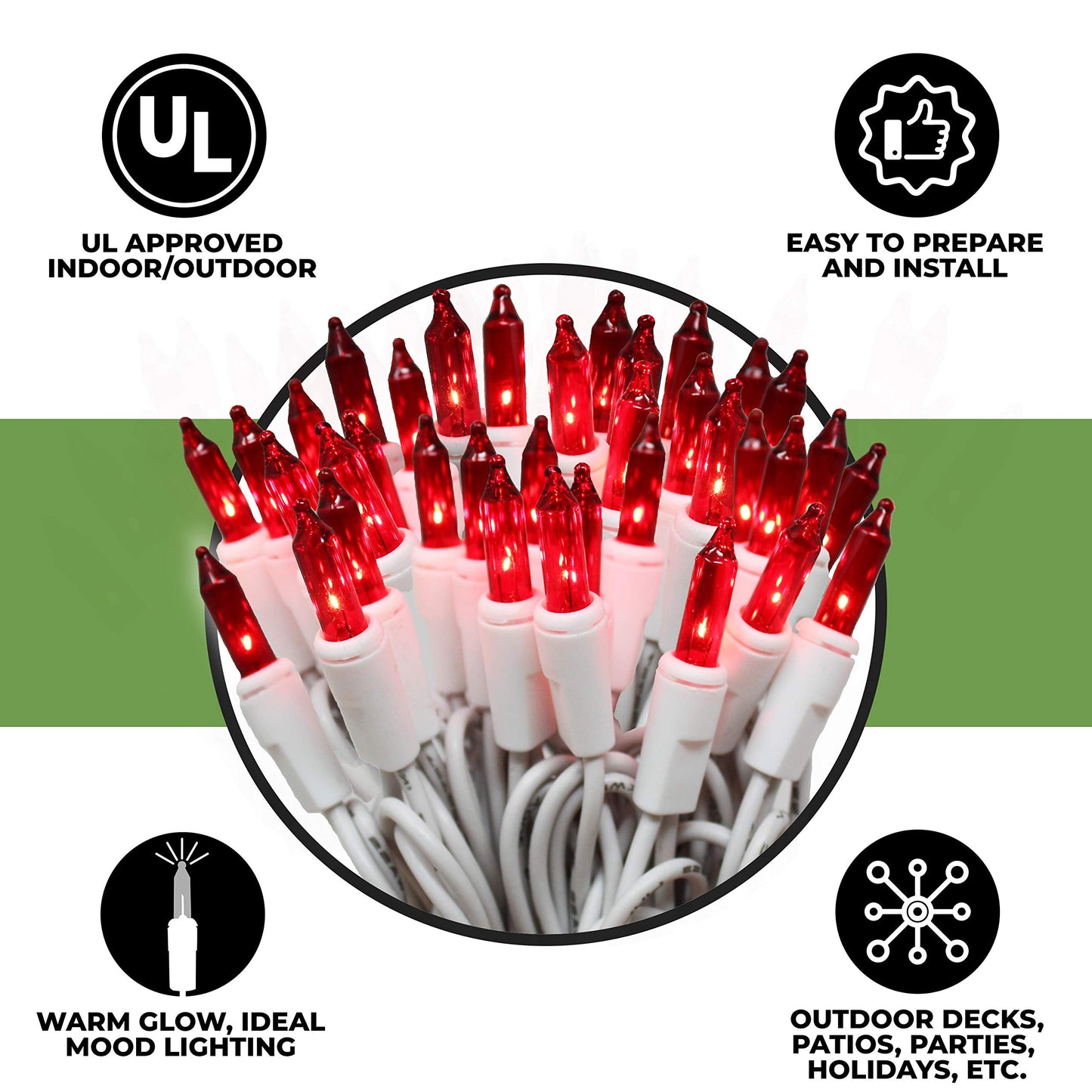 612 Vermont Red Christmas Lights, 18’ Lighted Length, 20’ Total Length, UL Approved, Indoor/Outdoor Use, Model LHS100-2(0.34)-LHM