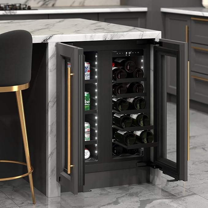 KoolMore Reserve 24 in. French Door Dual Zone Panel Ready Under-Counter Cooler with Black Shelves and 20 Bottle Capacity in the Right Zone and 2.1 Cu. Ft. on the Left in Black (KM-CWB24-BPR)