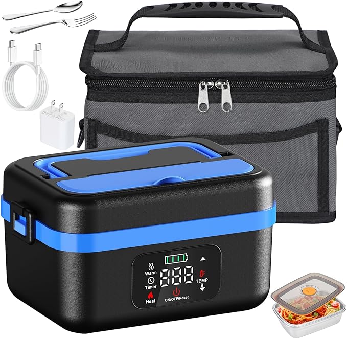 Cordless Electric Heated Lunch Box for Adults, Battery Powered Heated Lunch Boxes, 1 Liter Food Insulated Food Warmer Box with Fork and Spoon Insulated Carrying Pouch for Truck Drivers Blue Collar