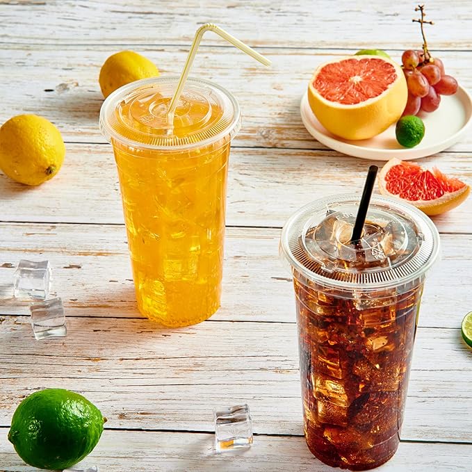 Vplus 140 Pack 24 OZ PET Clear Plastic Cups with Lids, 24 OZ Crystal Cold Disposable Drinking Plastic Cups with Flat Lids, Perfect for Ice Coffee, Smoothie, Juice