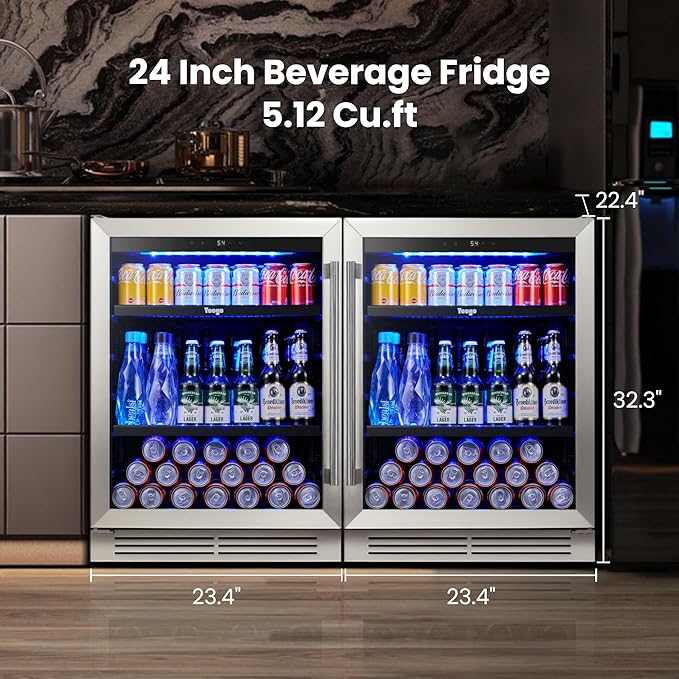 Yeego 48 inch Beverage Fridge Combo - 24 inch 180 Cans Mini Fridge with Glass Door 2PCS, Built-in, Under Counter & Freestanding, Ideal for Bars, Offices, Restaurants