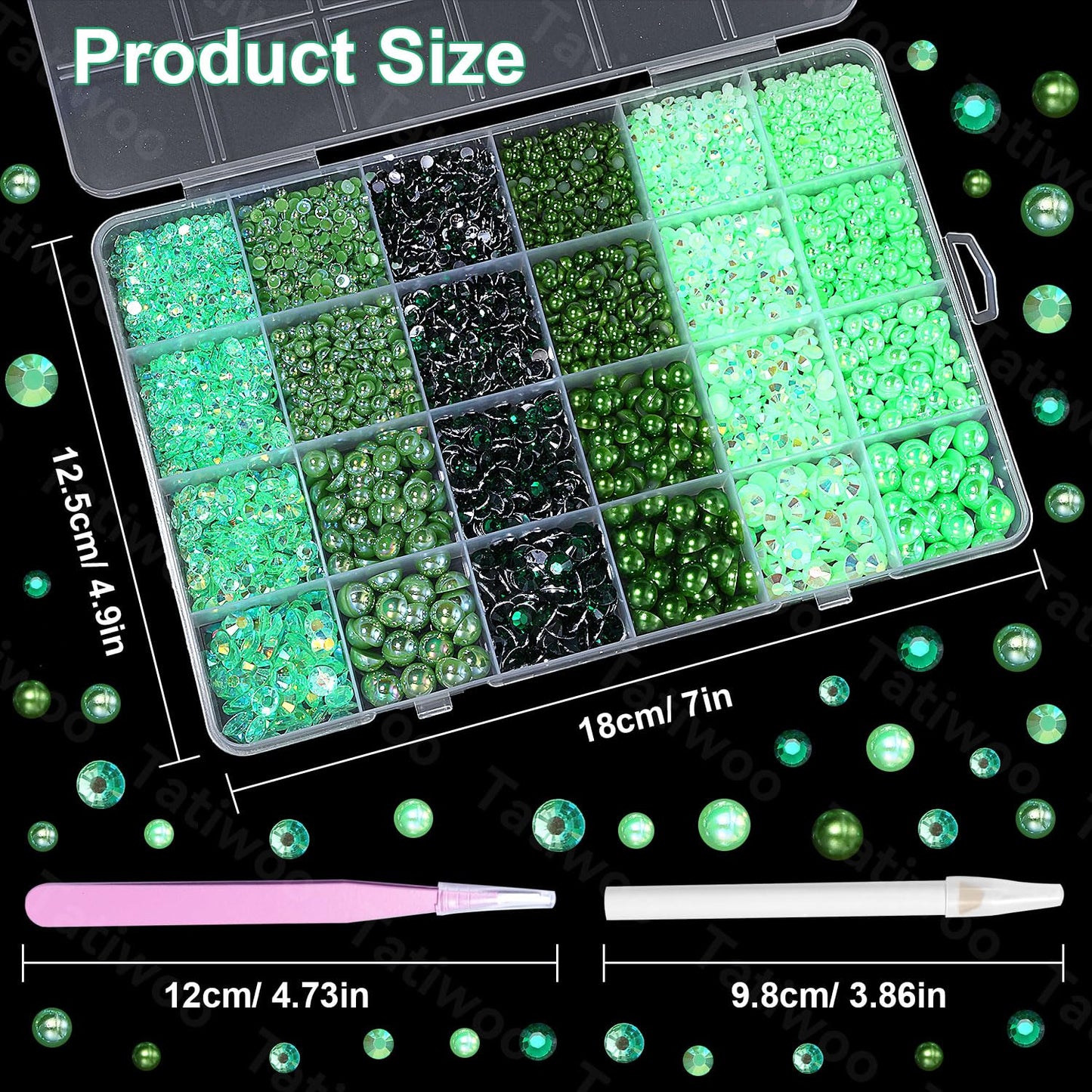 9000 Pcs Green Flatback Pearls and Rhinestones for Crafts, 3/4/5/6mm Jelly Resin Rhinestones, Mixed Size 3/4/6/8mm Half Pearl Be