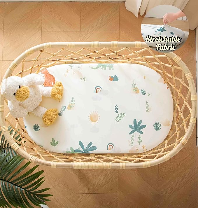 SDY Dinosaur Baby Bassinet Sheets Set 2 Pack for Boys Girls，Elastic Travel Crib Fashionable Floral Pattern, Standard Cradle Safe Sheets Set 32 * 16 * 4 inches (Dino)