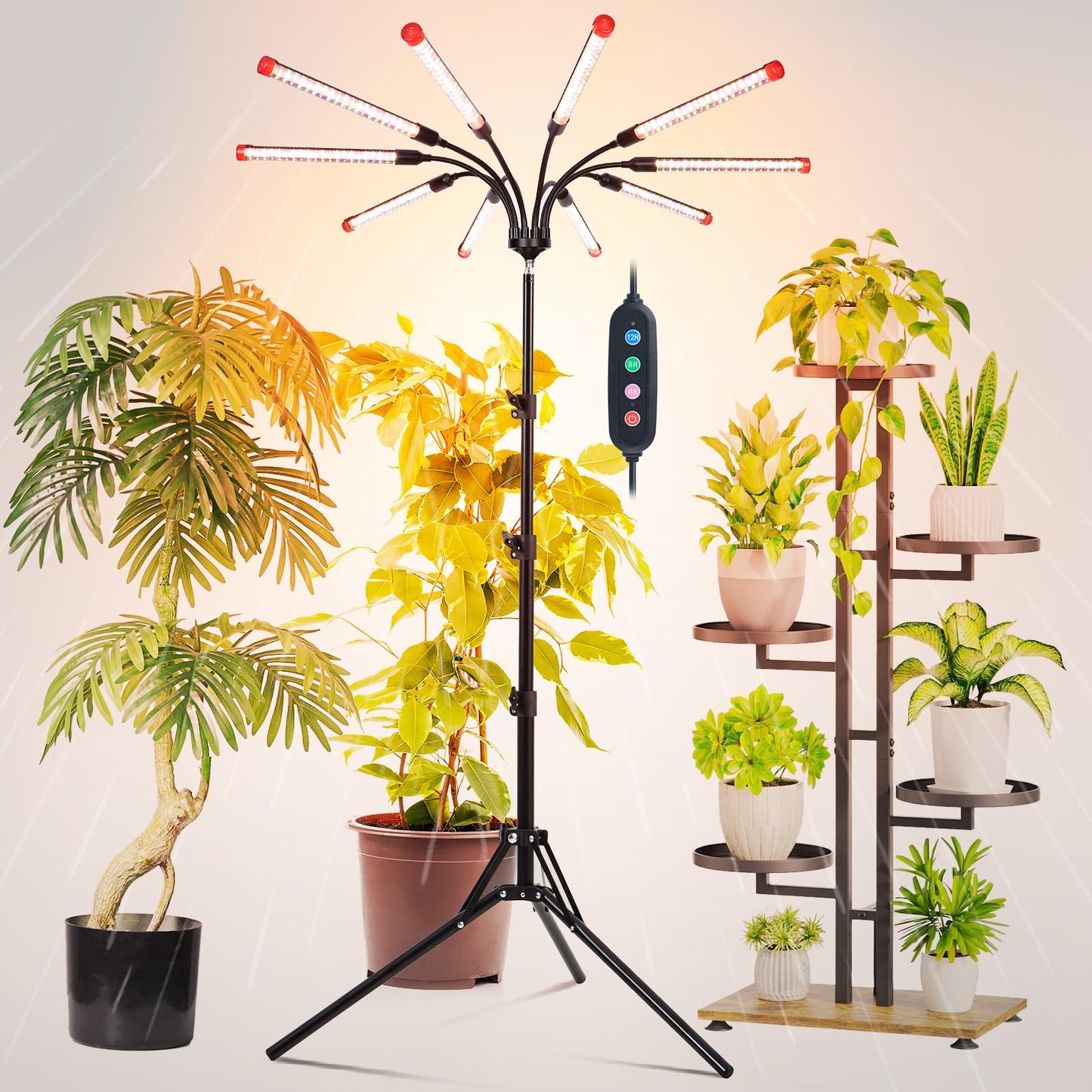 FRGROW 10Head Grow Light for Indoor Plants, 90W Full Spectrum, Auto Timer, Tripod Stand, Black, Model ZH_GL_RH