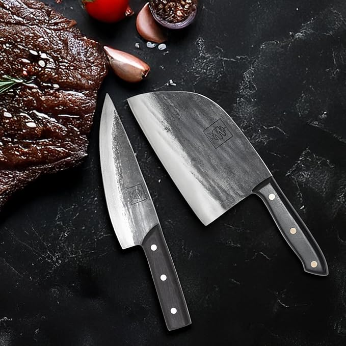 COOLINA Knife Set – Promaja Hand-Forged Butcher Knife & Tungsten Chef Knife Bundle – Full Tang Carbon Steel Cleaver and Cooking Knife with Wooden Handles – Professional Kitchen & BBQ Knives
