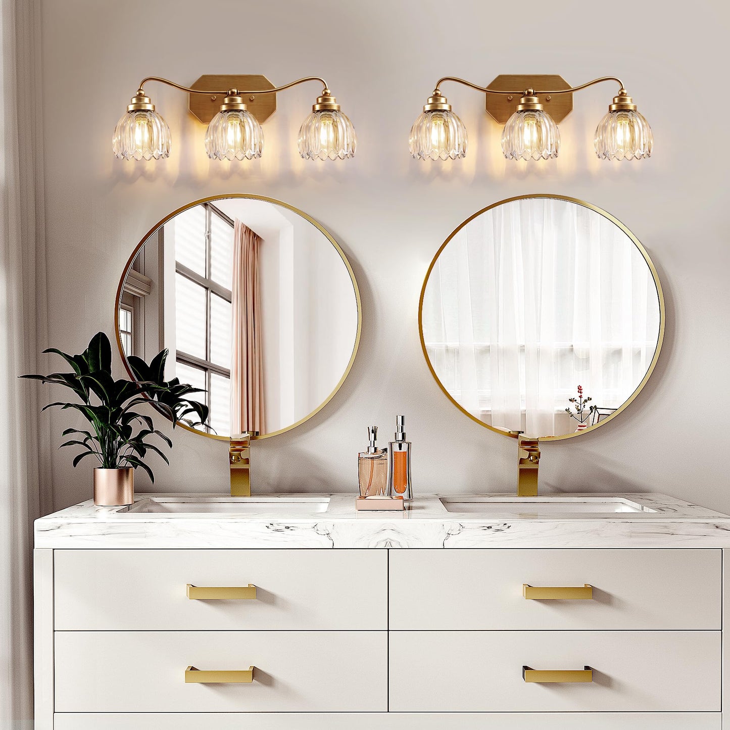 Cmnvmn Vintage Bathroom Light Fixtures  Gold Bathroom Vanity Light  Matte Antique Brass Finish With Crystal Glass Shade  Wall Sconces Lighting For Bedroom  Living Room  Hallway (Gold  3-Light)
