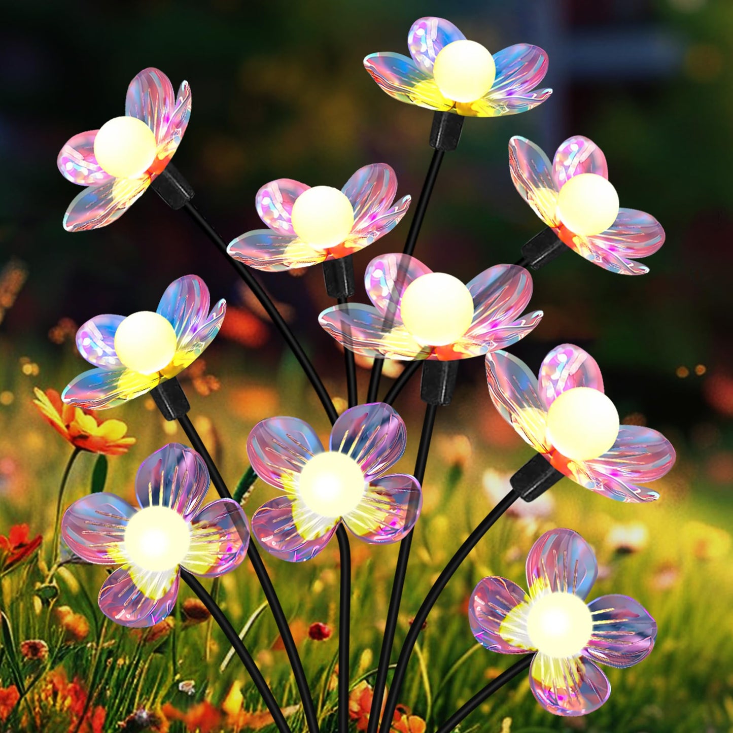 NBQQ Solar Firefly Lights - 4-Pack Waterproof Outdoor Decor, Iridescent Petals, Warm White Glow, Upgraded Flowers Swaying