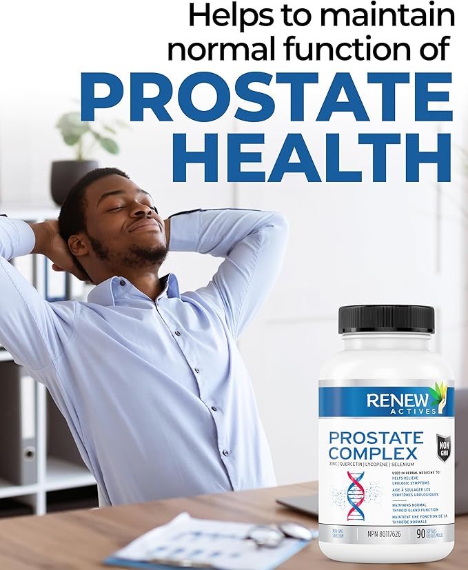 Renew Actives Prostate Complex 2 Softgels per Serving – Men's Wellness for Prostate, Thyroid, Immune & Eye Health – Antioxidant Support for Vitality & Performance – Made in Canada - 90 Softgels