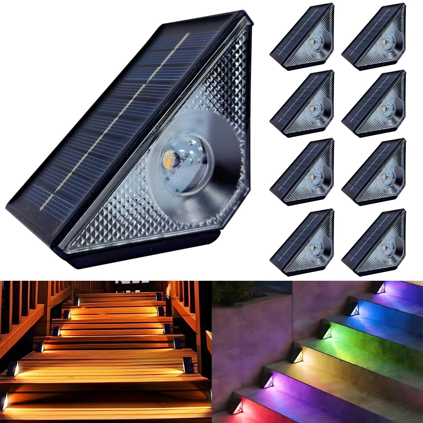 CIYOYO Solar Step Lights, 8 Pack Outdoor Waterproof, Warm White/7 RGB Colors, PEX Material, Model BZ01