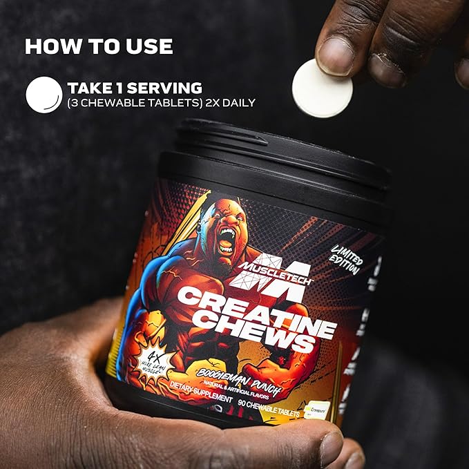 MuscleTech Creatine Chews - Creapure Monohydrate Supplement for Muscle Recovery, Muscle Builder & Energy Boost - Pre Workout Supplement for Men & Women - 90 Chewable Candies, Boogieman Punch
